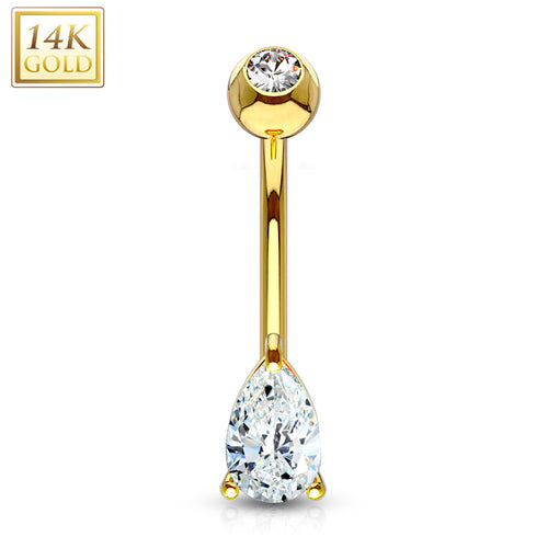 14k Solid Yellow Gold 9mm CZ Deluxe Tear Drop Belly Ring