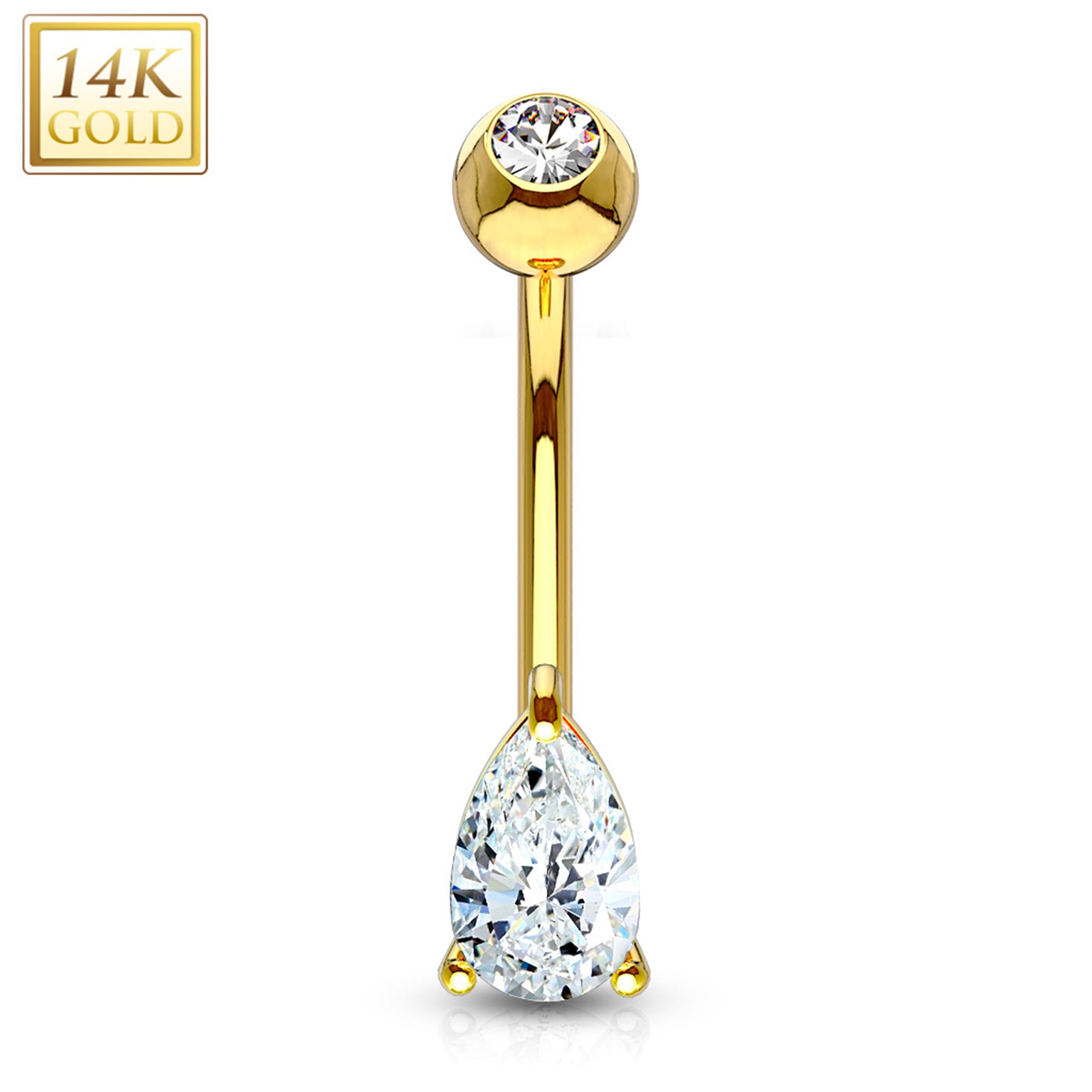 14k Solid Yellow Gold 9mm CZ Deluxe Tear Drop Belly Ring