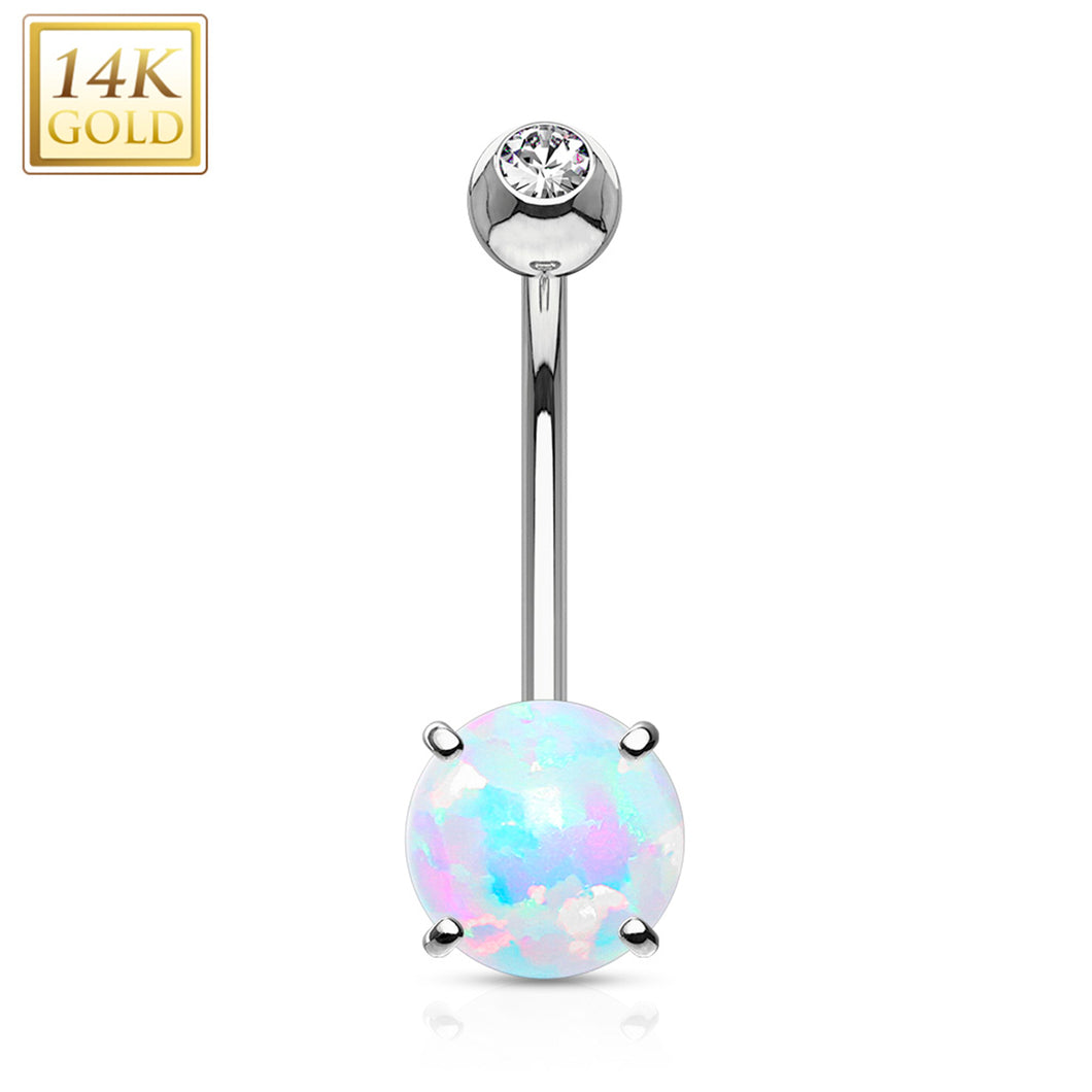 14k Solid White Gold Regal CZ 6mm Synthetic Opal Belly Ring