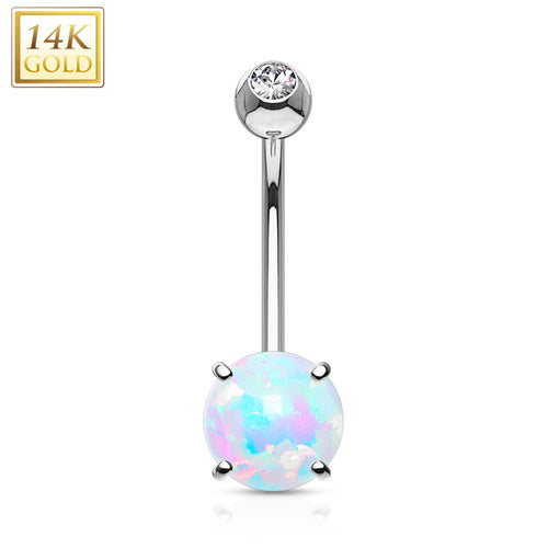 14k Solid White Gold Regal CZ 8mm Synthetic Opal Belly Ring