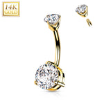 14k Solid Yellow Gold Double Prong Set Cubic Zirconia Belly Ring