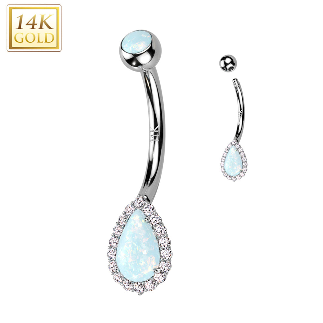 14k Solid White Gold CZ Synthetic Opal Deco Tear Drop Belly Ring