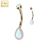 14k Solid Yellow Gold CZ Synthetic Opal Deco Tear Drop Belly Ring