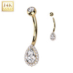 14k Solid Yellow Gold Cubic Zirconia Deco Tear Drop Belly Ring