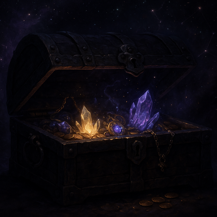 A treasure chest with a shadow like mysterious look thats half way open with interesting items with a constellation like background