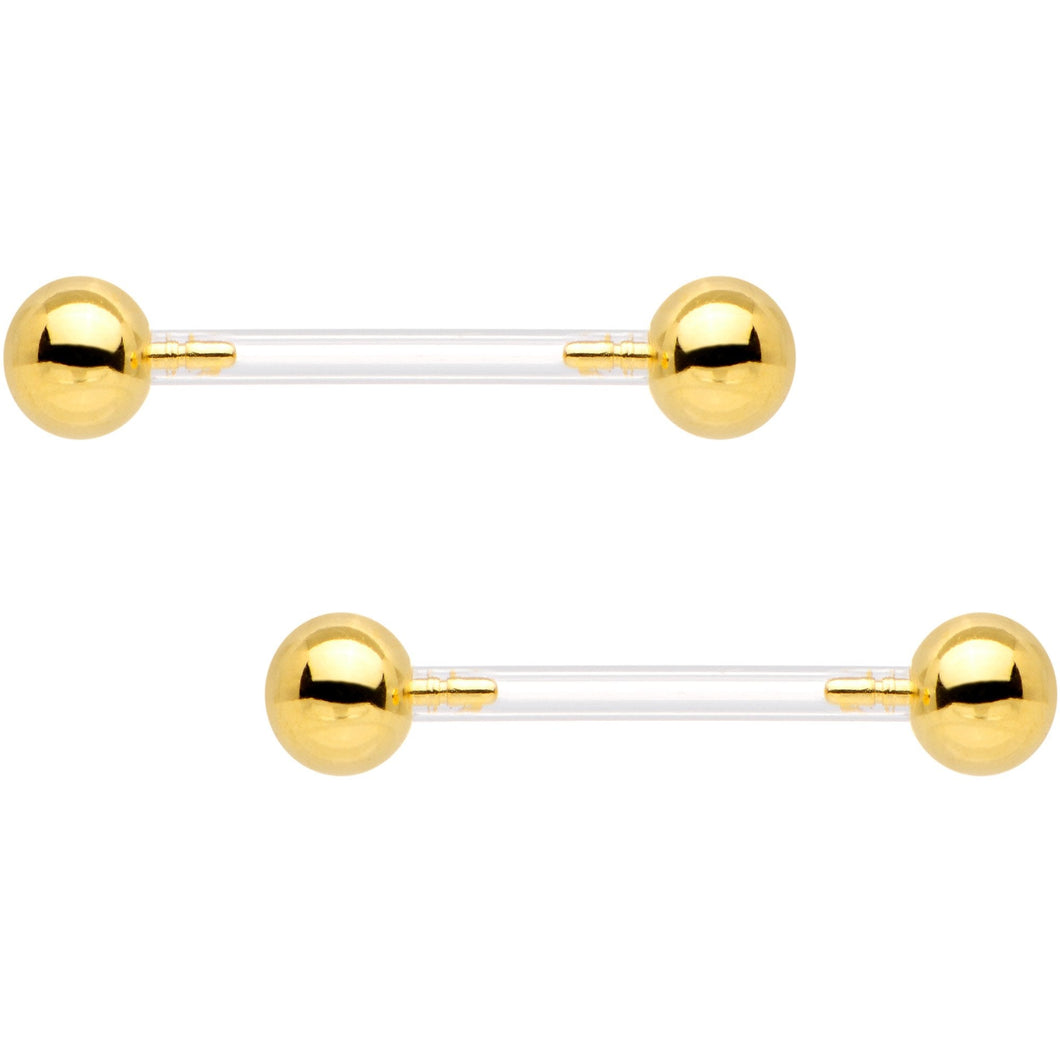 9/16 Clear Bioplast Barbell Gold Tone Push In Ball Nipple Ring Set