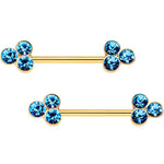 Aqua Gem Gold Tone Anodized Triple Circle Barbell Nipple Ring Set