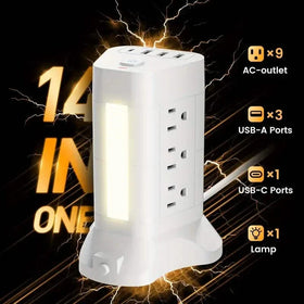 14-in-1 Power Strip Tower with 4 USB Ports & 9 AC Outlets, 10ft Extension Cable, Adjustable 3-Color Night Light