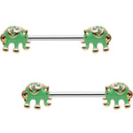 14G 5/8 Clear Gem Green Festive Elephant Barbell Nipple Ring Set