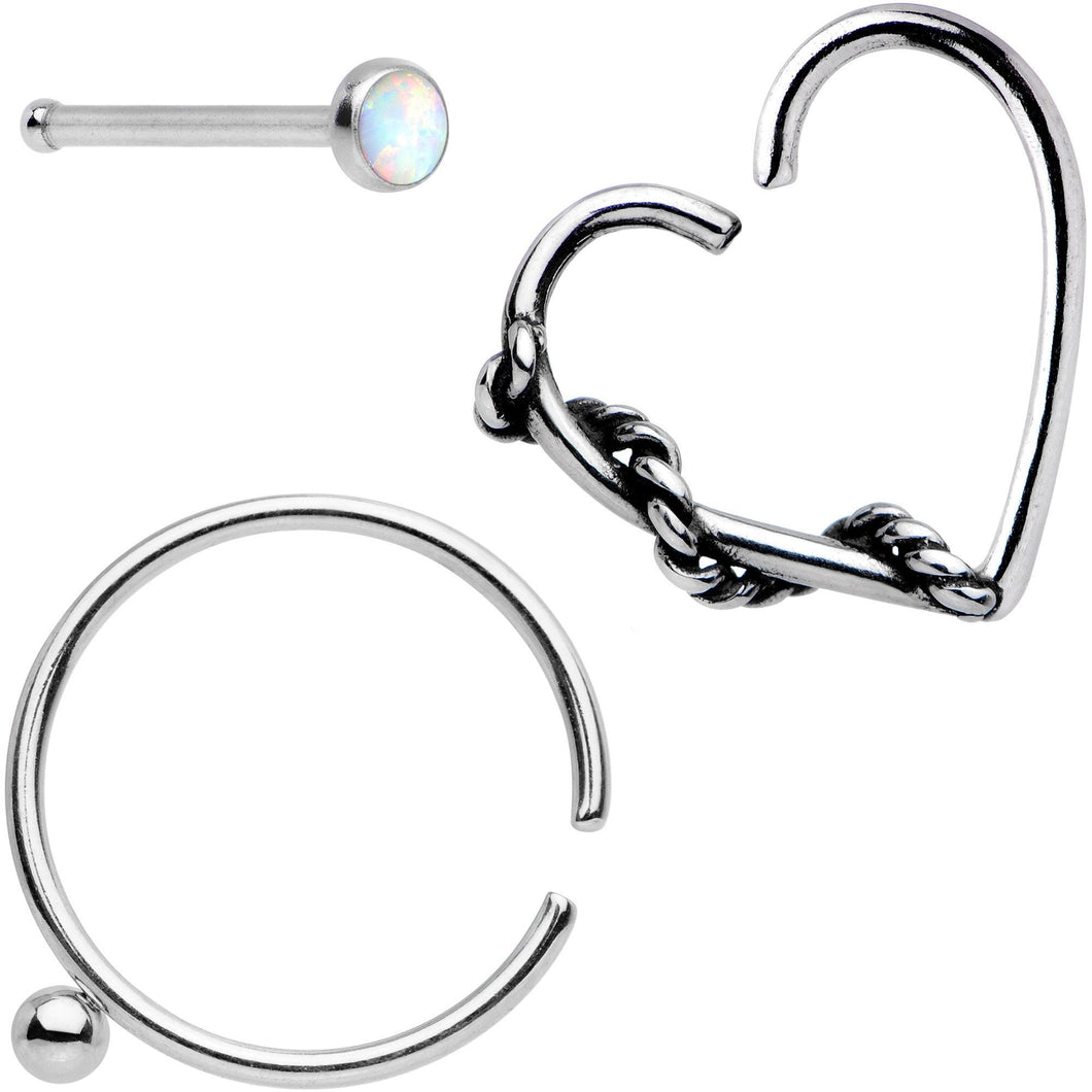 20G White Faux Opal Nose Bone Heart Closure Ring Pack Set of 3