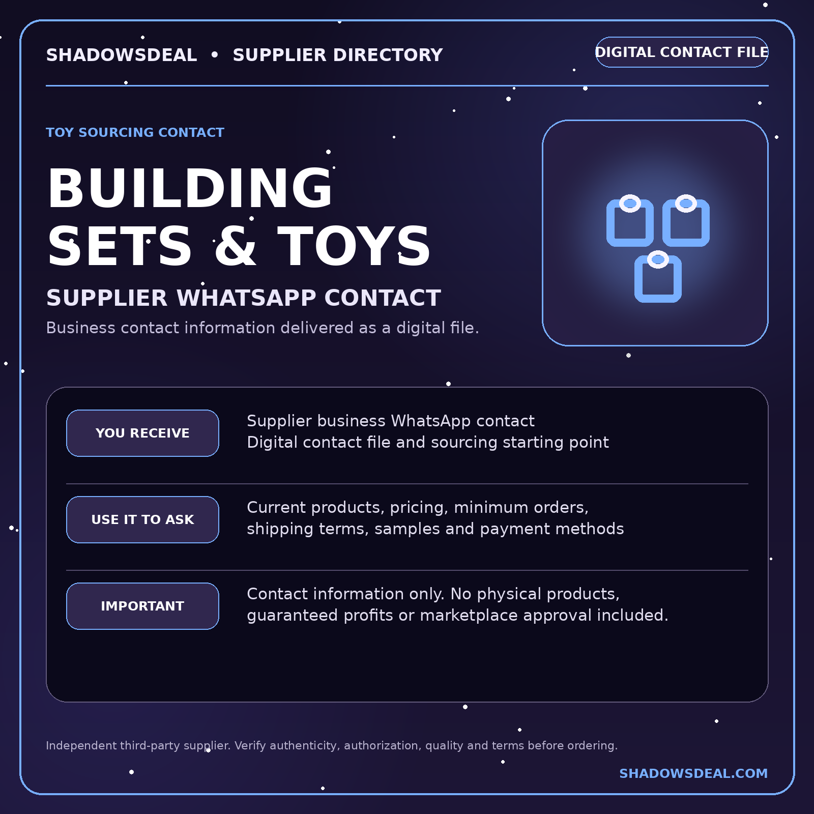 Building sets and toys supplier WhatsApp contact digital file from ShadowsDeal