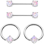 14G White Faux Opal BCR Captive Ring Barbell Nipple Ring Set