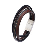 Mens Brown and Black Leather Brown Thread 15mm Layered Bracelet