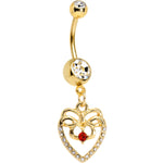 Clear Red CZ Gem Gold Anodized Bow Heart Dangle Belly Ring