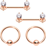 14G Clear CZ Gem Rose Gold Tone BCR Ring Barbell Nipple Ring Set