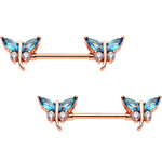 9/16 Aqua Gem Rose Gold PVD Double Dragonfly Barbell Nipple Ring Set
