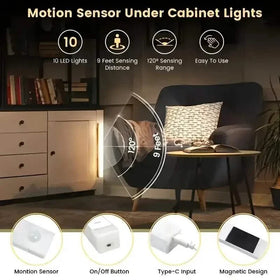 12-Pack: White LED Motion Sensor Cabinet Lights – Magnetic, USB Rechargeable, Detachable for Indoor Use
