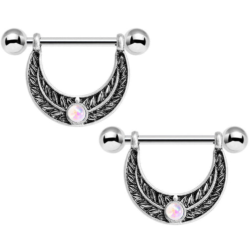 14G 5/8 White Faux Opal Fern Foliage Dangle Nipple Ring Set