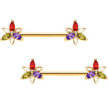 14G Rainbow Gem Star Gold Tone BCR Ring Barbell Nipple Ring Set