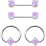 Purple CZ Gem Captive Ring Straight Barbell Nipple Ring Set