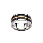 Mens Black Rose Gold Groove Spinner Stainless Steel Ring