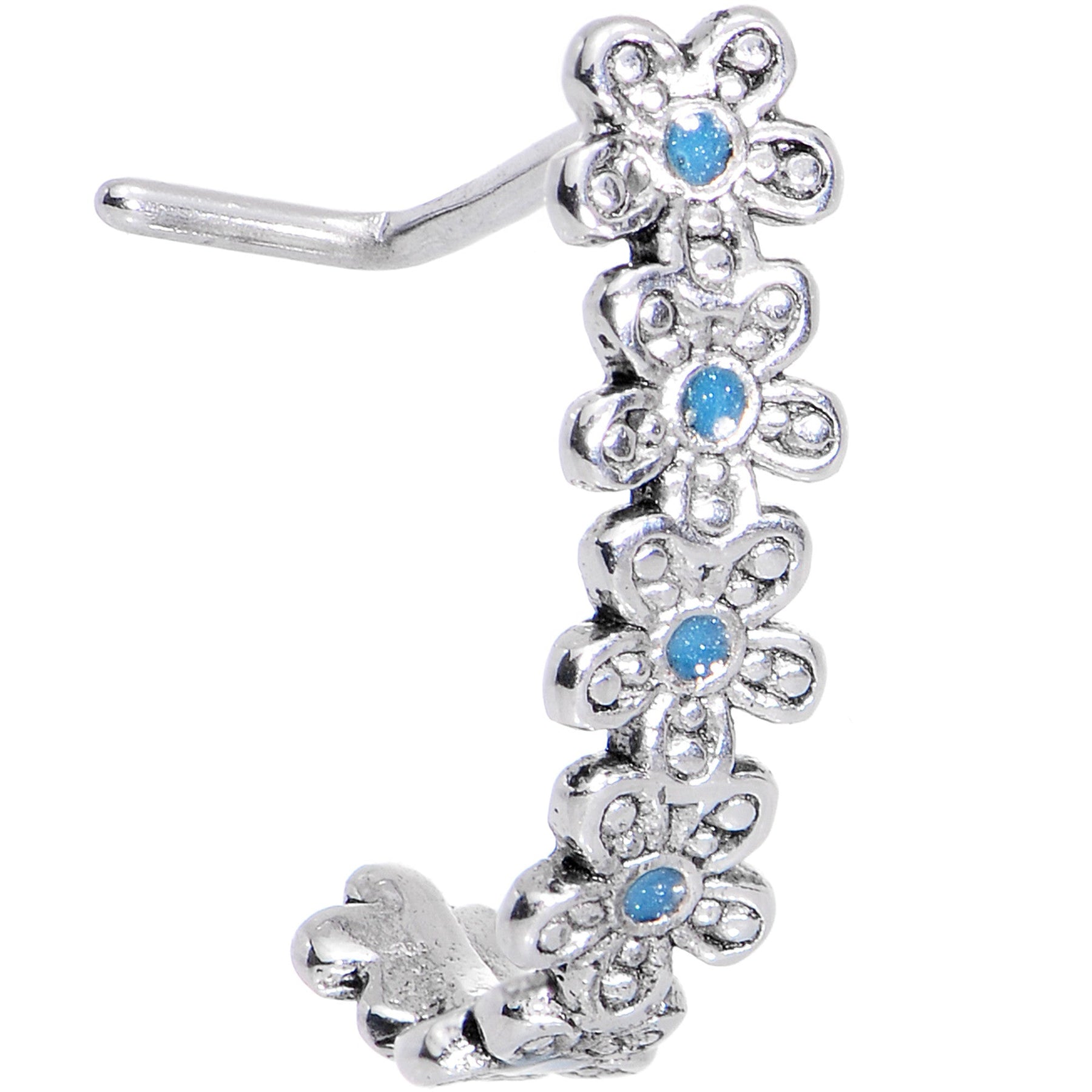 20G Blue Belle Daisy Flower Chain Faux Hoop L Shaped Nose Ring