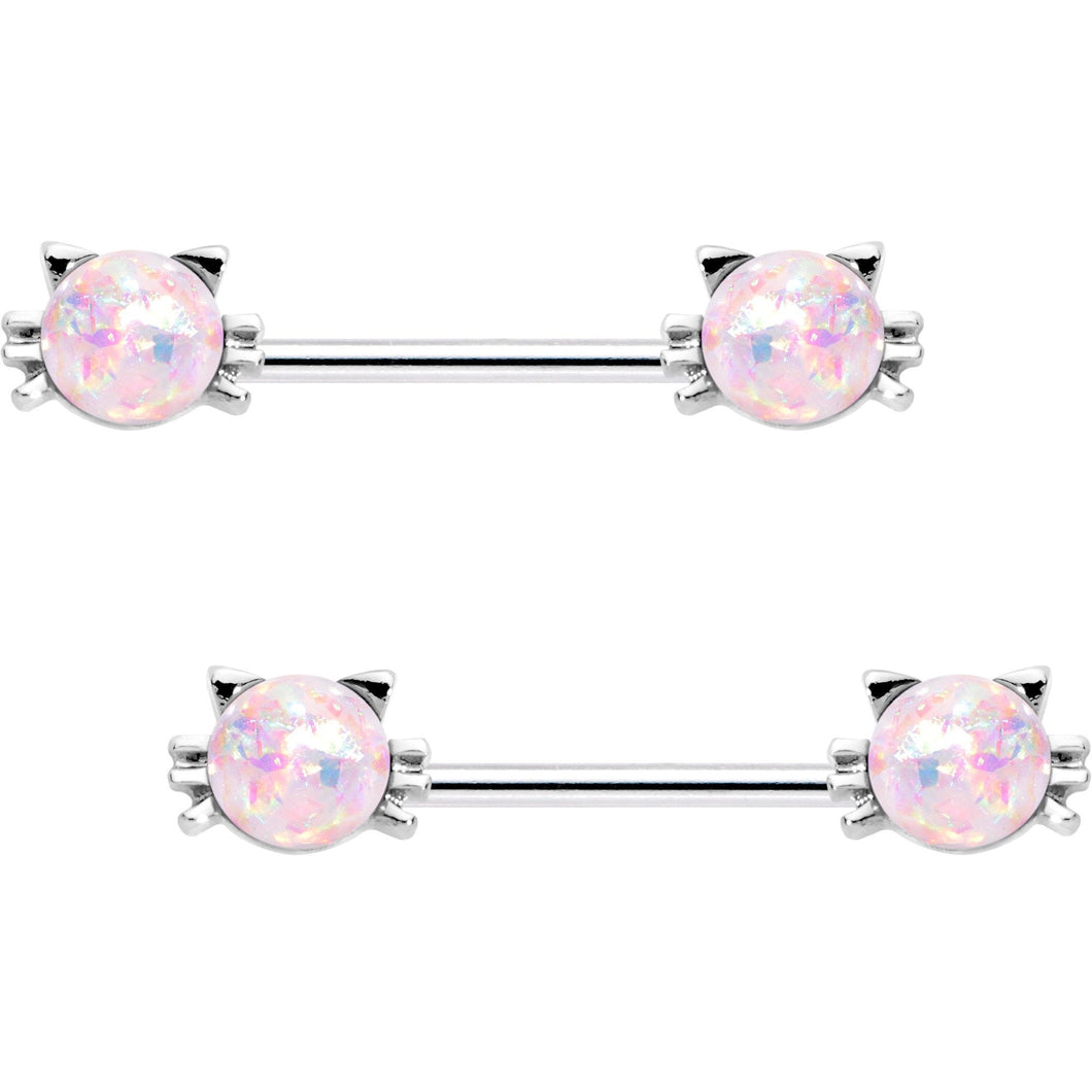 5/8 White Faux Opal Kitty Cat Whiskers Barbell Nipple Ring Set