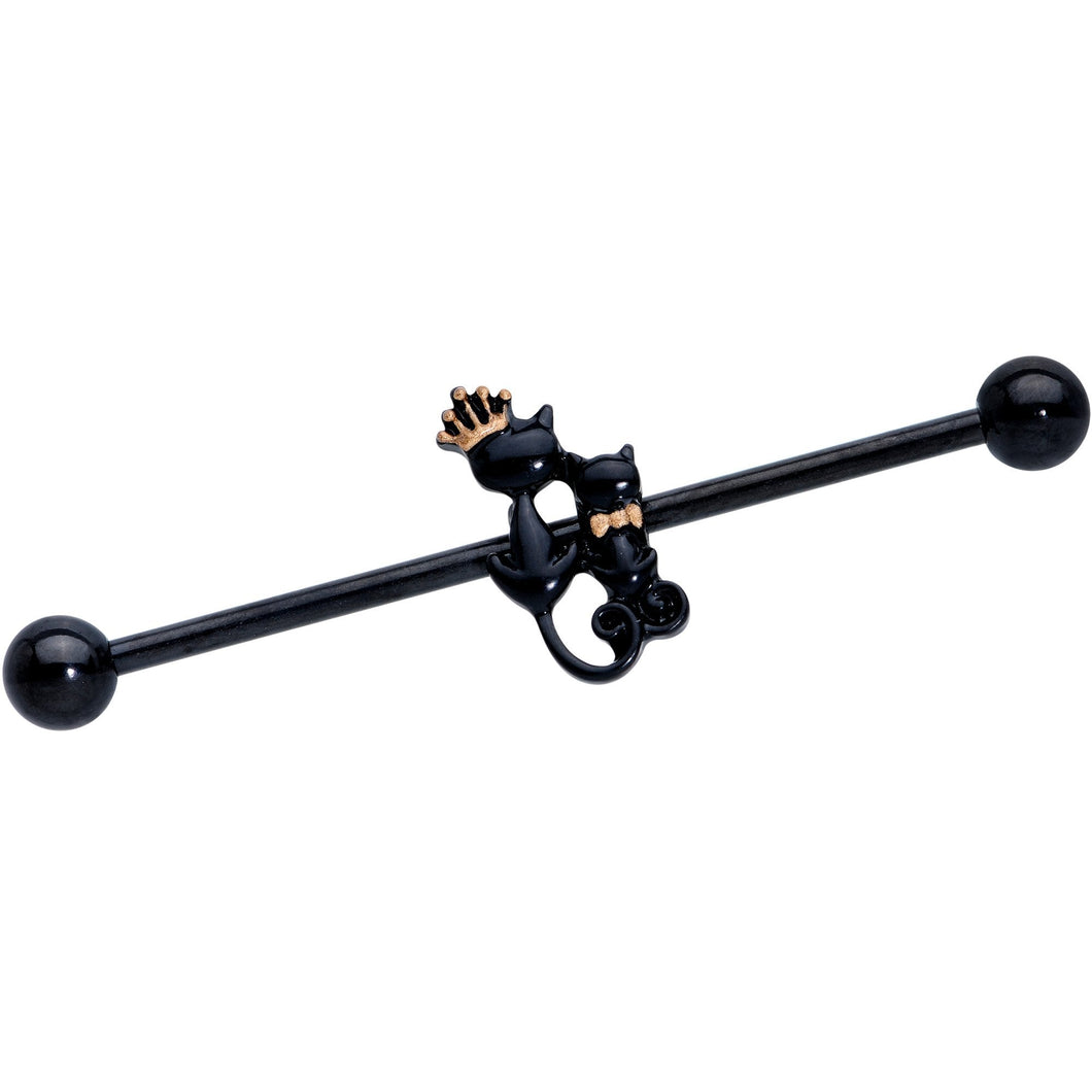 14G Black PVD King and Queen Kitty Cat Industrial Barbell 38mm