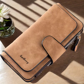 Vintage Faux Leather Long Wallet – Trifold Credit Card Holder with Snap & Zipper