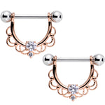 9/16 Clear CZ Gem Rose Gold Flourish Dangle Nipple Barbell Set