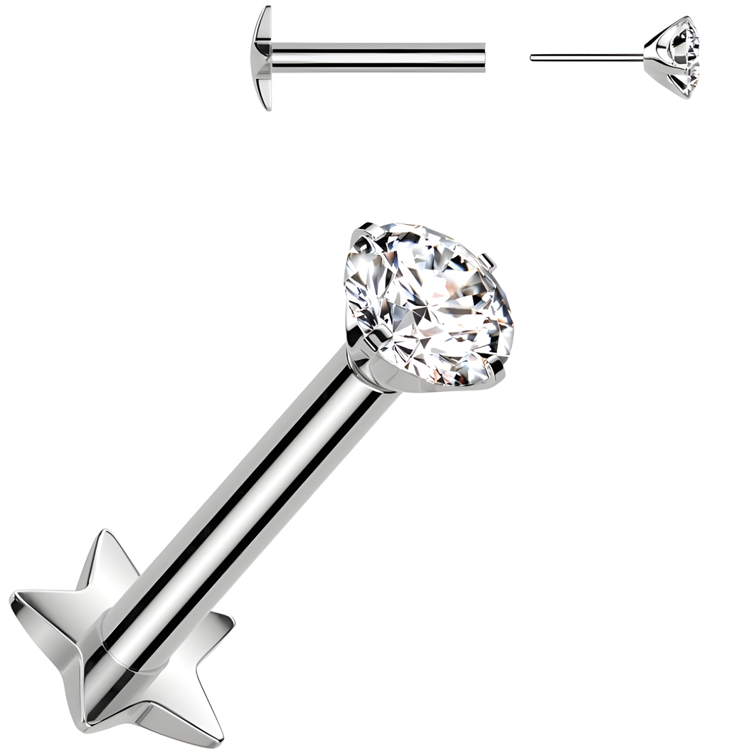 Medical Grade Titanium Flat Back Earring 18G 3mm CZ Reversible Star