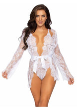 Floral Lace Teddy with Cheeky Thong Back Matching Lace Robe with Scalloped Trim and Satin Tie