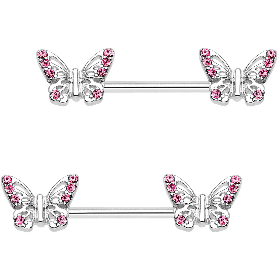 9/16 Pink CZ Gem Fluttering Butterfly Barbell Nipple Ring Set