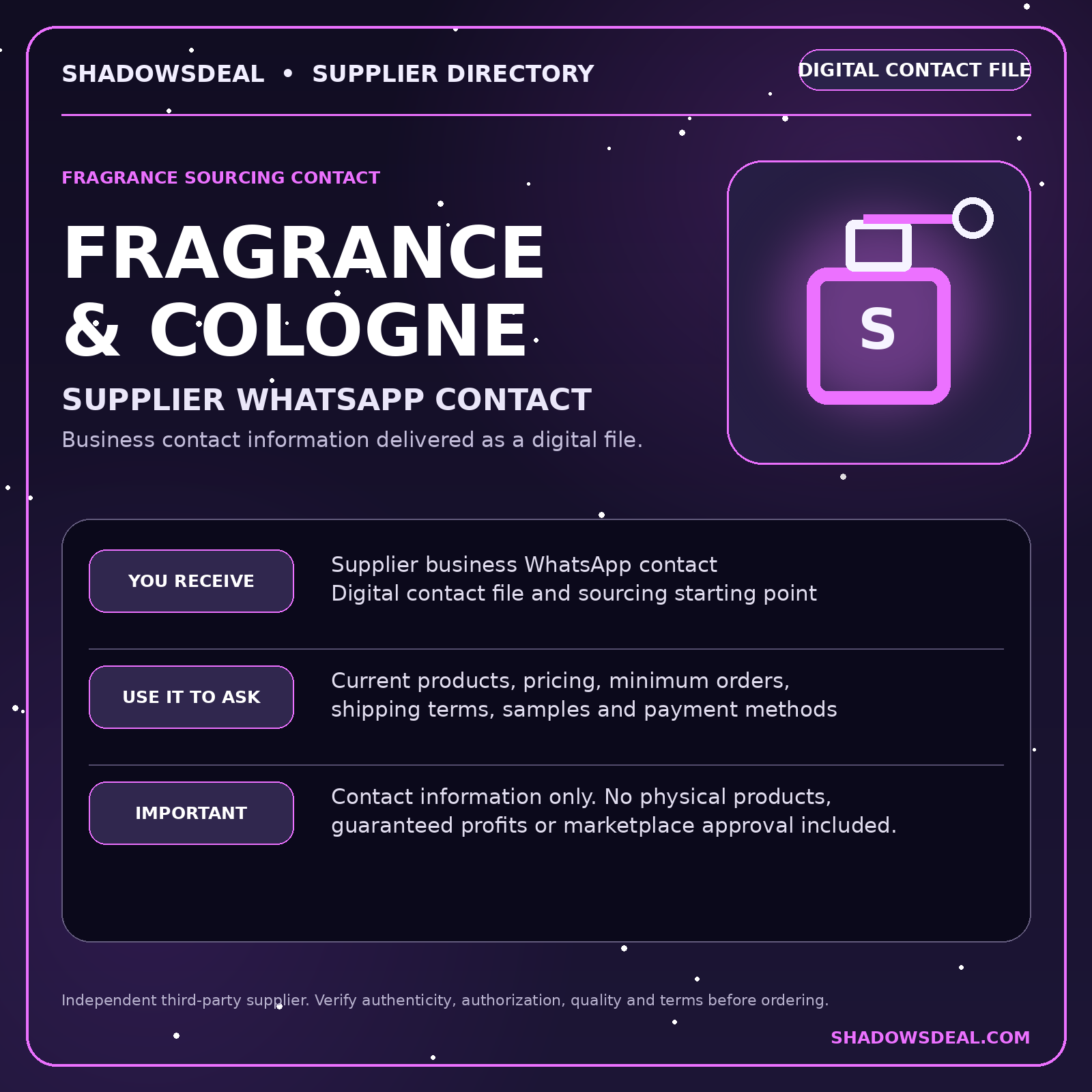 Fragrance and cologne supplier WhatsApp contact digital file from ShadowsDeal