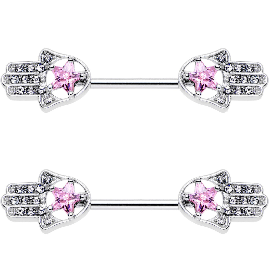 14G 9/16 Pink Gem Star Hamsa Hand Barbell Nipple Ring Set