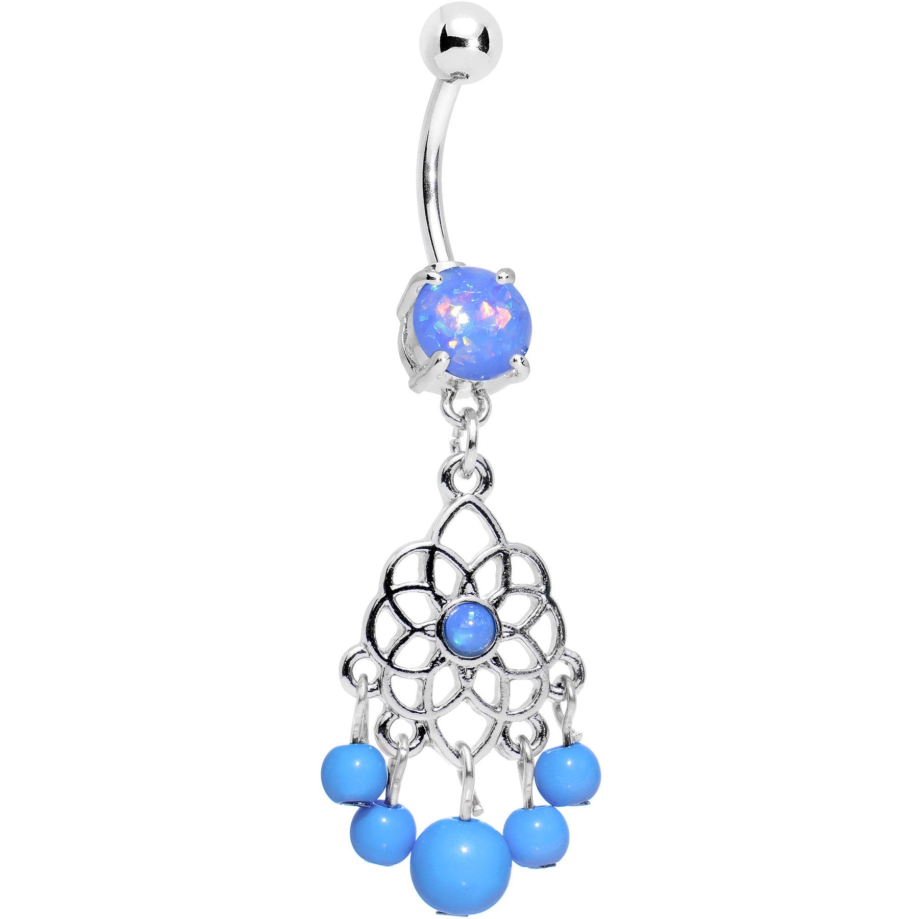 Blue Faux Opal Lotus Flower Dreamcatcher Dangle Belly Ring