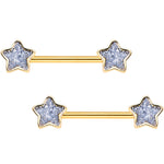 Clear Glitter Gem Gold Tone Galaxy Star Barbell Nipple Ring Set