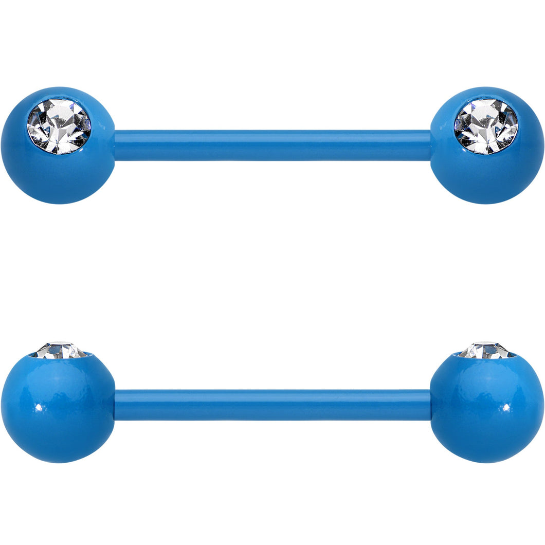 14G 5/8 Clear Gem Blue Acrylic Over Steel Nipple Barbell Set