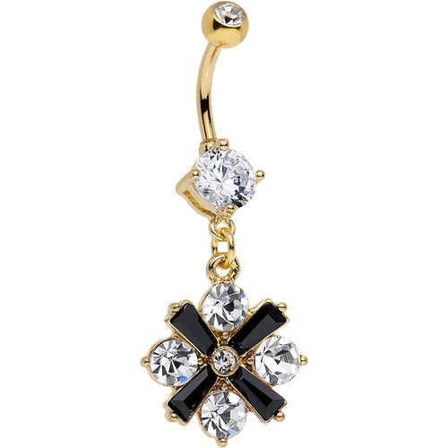 Clear Gem Gold Anodized Black X Marks the Sparkle Dangle Belly Ring