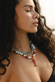 Coral Reef Fish Charm Necklace - Ocean Blue & Coral Beaded Necklace