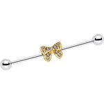 14G Clear Gem Gold Tone Knotted Bow Industrial Barbell 35mm