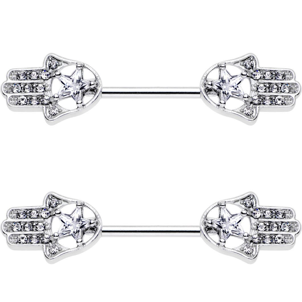 14G 9/16 Clear Gem Star Hamsa Hand Barbell Nipple Ring Set