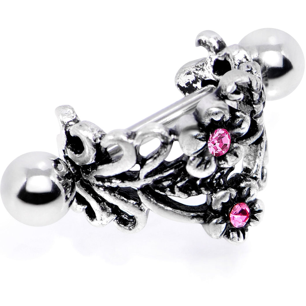 16G 1/2 Pink Gem Double Daisy Flower Cuff Cartilage Earring