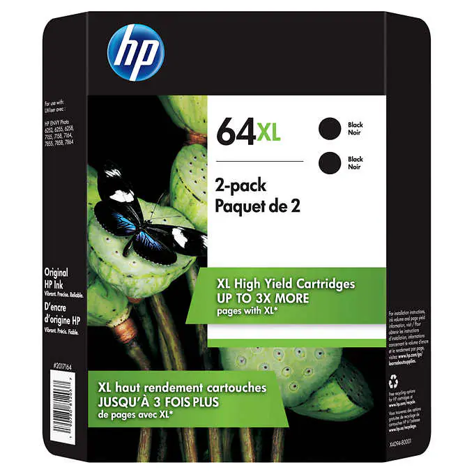New, Pre-Owned - HP 64XL (N9J92AN) Black Ink Cartridge- 2 Pack