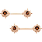 Brown Gem Chocolate Sunshine Rose Gold Tone Barbell Nipple Ring Set