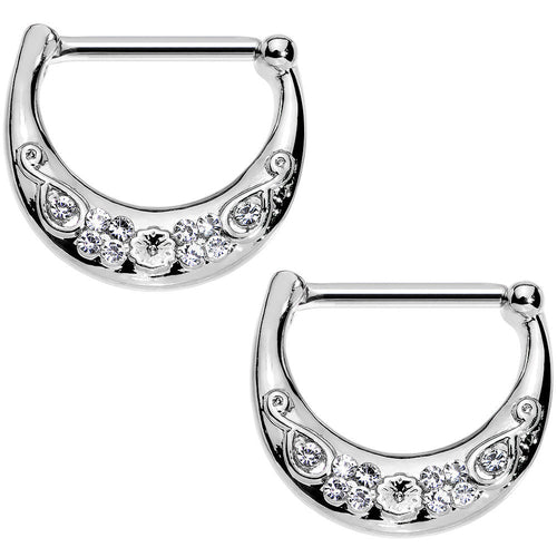 14G 1/2 Clear Gem Steel Floral Flourish Nipple Clicker Set