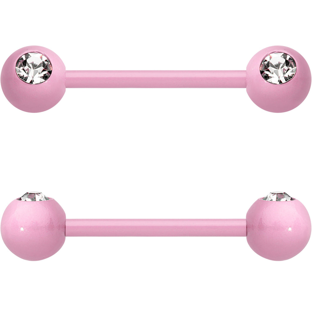 14G 5/8 Clear Gem Light Pink Acrylic Over Steel Nipple Barbell Set