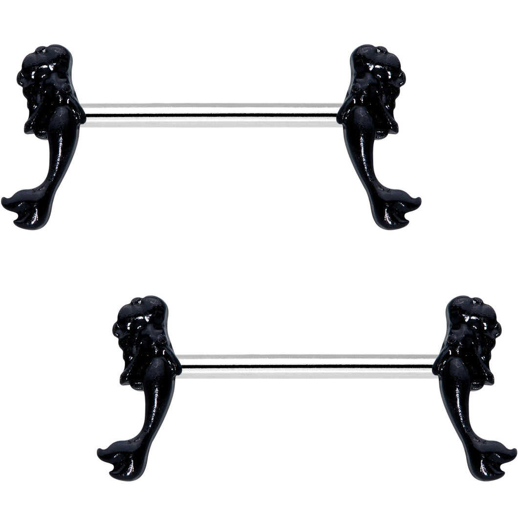5/8 Black PVD Diving Mermaid Barbell Nipple Ring Set