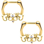 1/4 Clear CZ Gem Gold Tone Anodized Angel Swirl Nipple Clicker Set