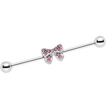 14G Pink Gem Knotted Bow Industrial Barbell 35mm
